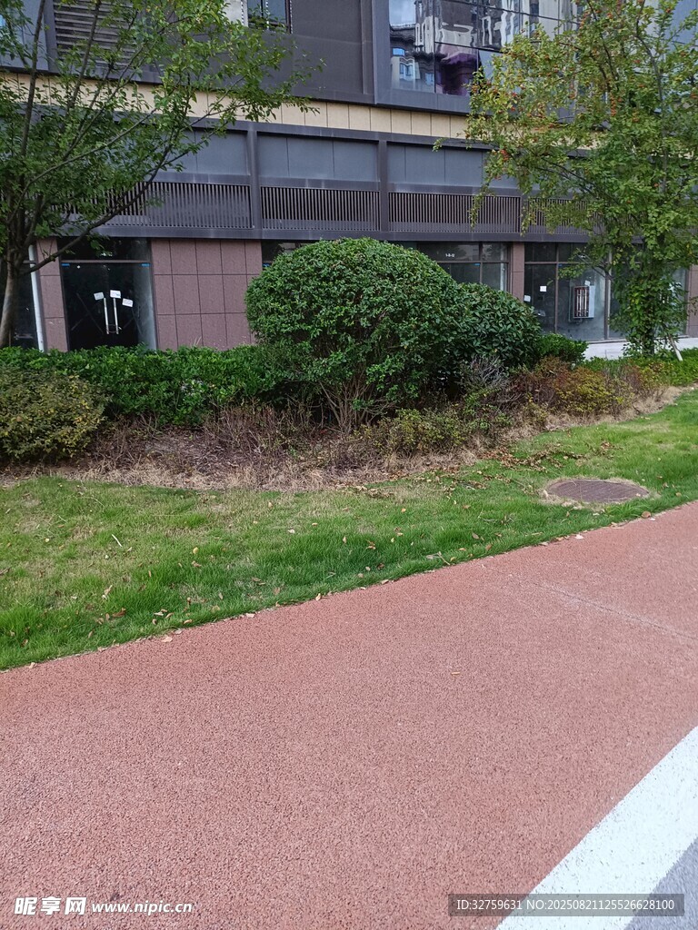 户外红色步道与绿植景观