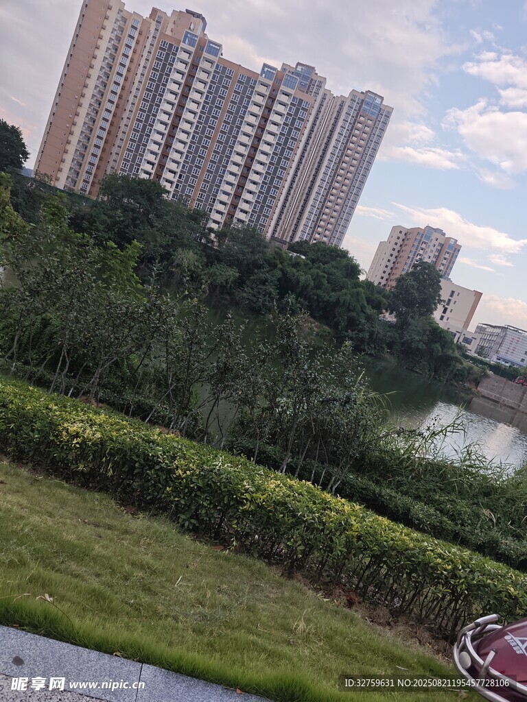 河畔高楼与绿植景观