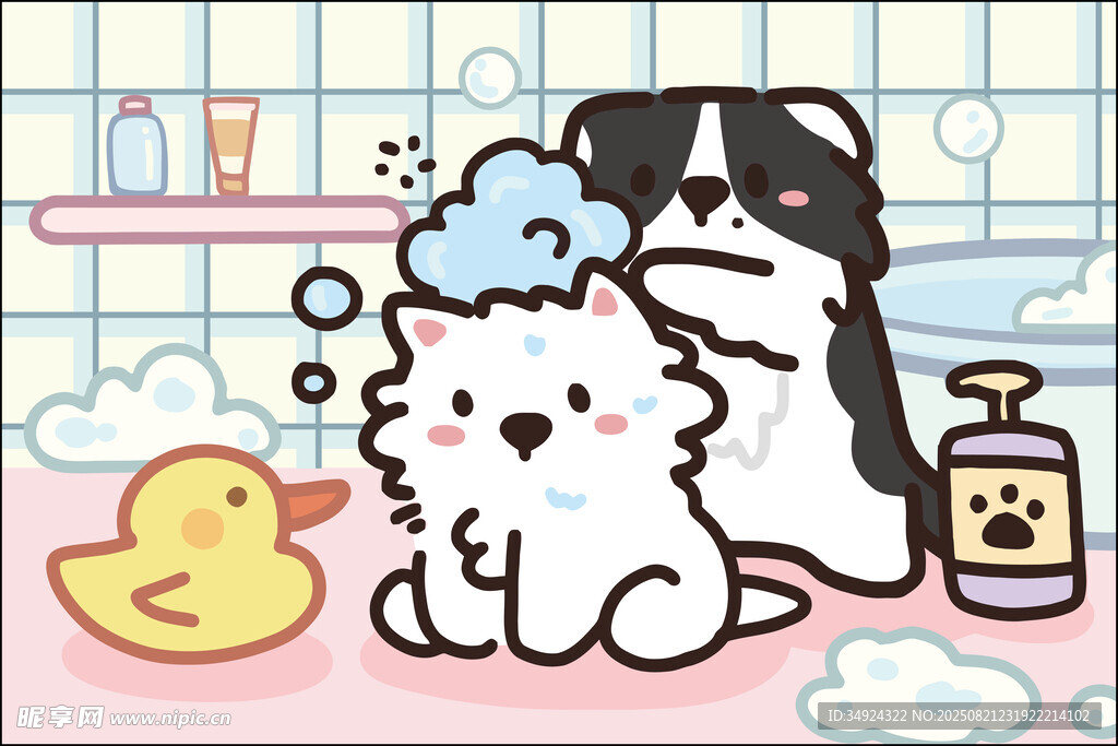 可爱猫狗享受泡泡浴时刻