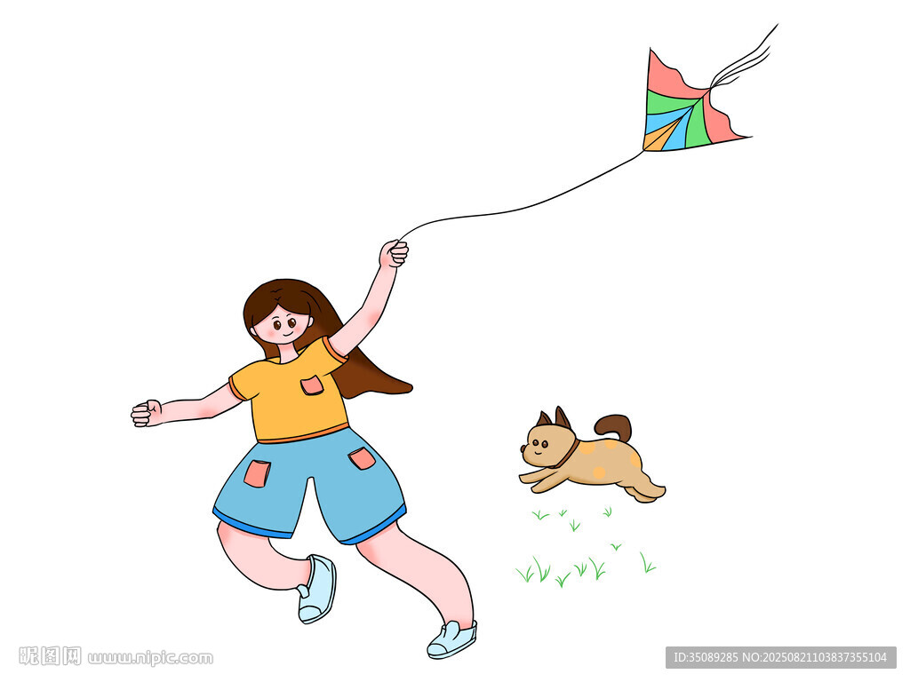 女孩牵狗快乐放风筝