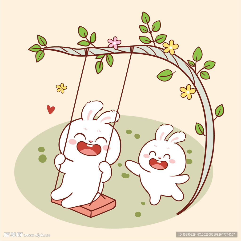 两只萌兔快乐荡秋千