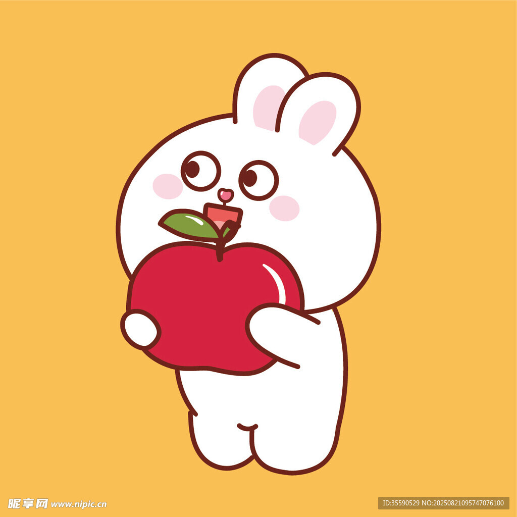 白兔抱红苹果可爱插画