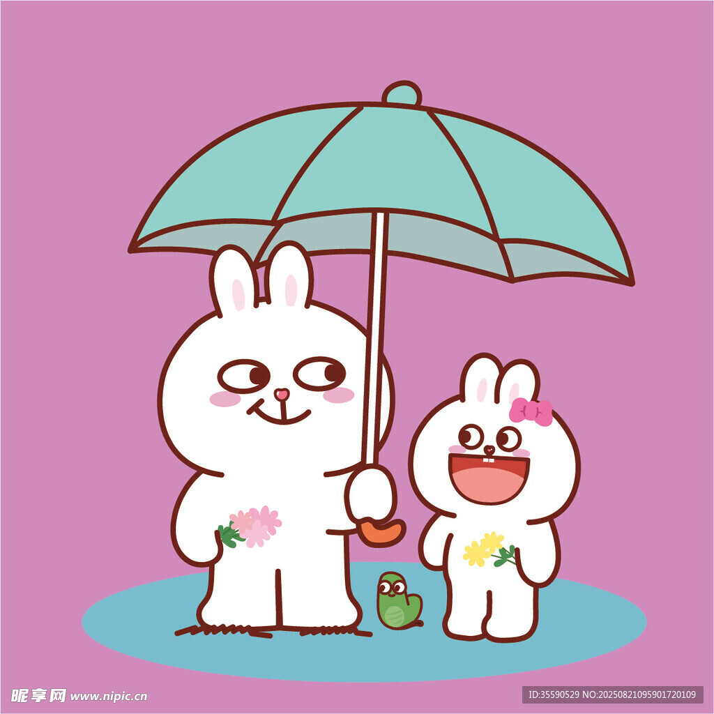 雨中白兔母子撑伞温馨画面
