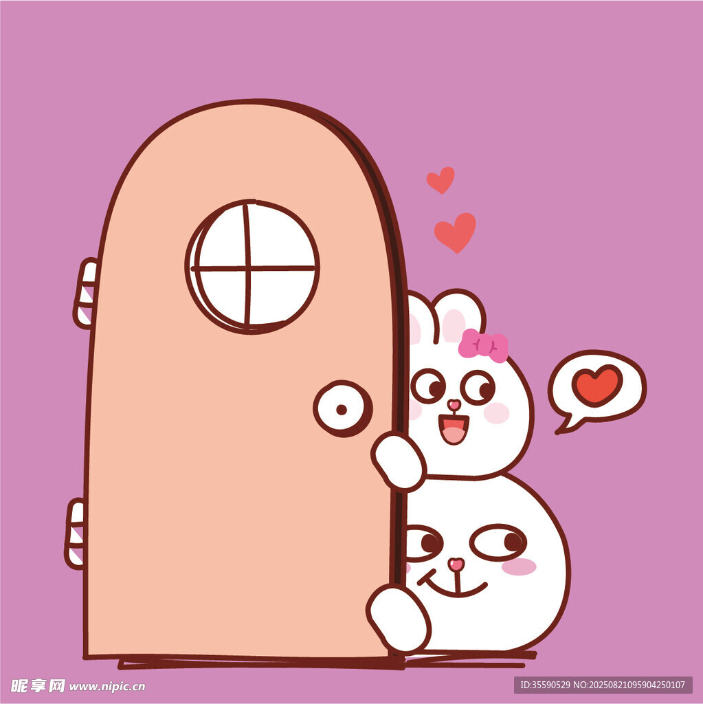 可爱兔子倚门萌趣画面