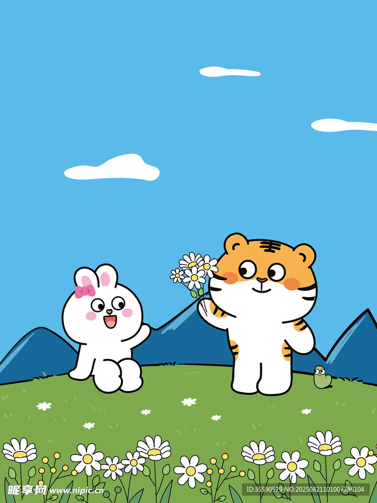 猫兔共赏花景
