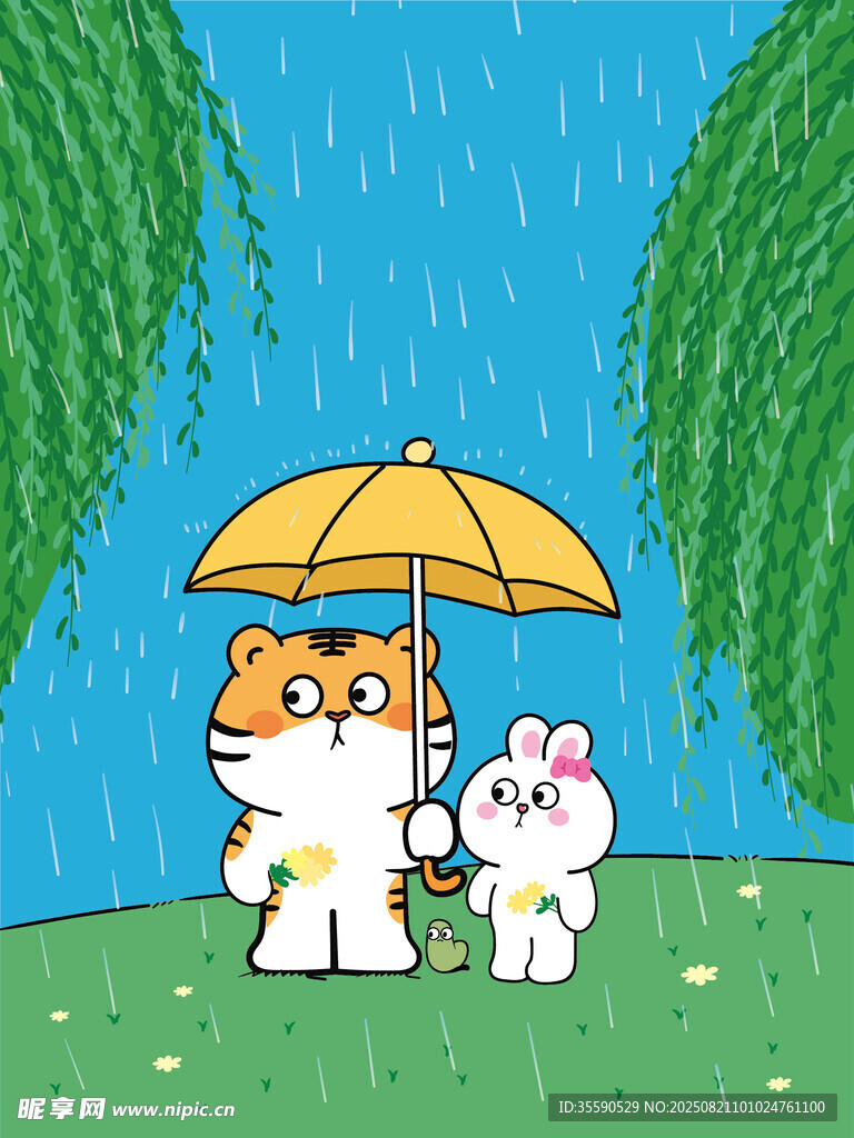 雨中撑伞的小猫与小兔