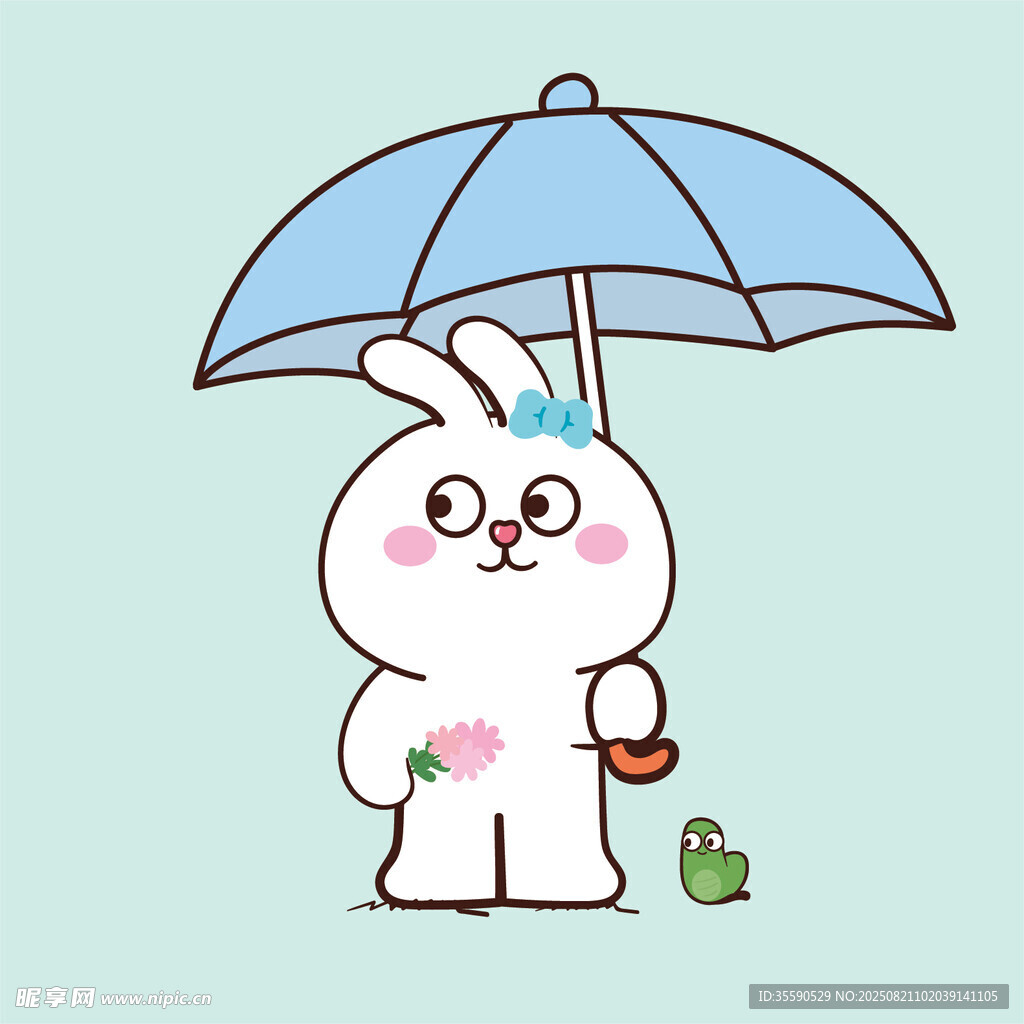 撑伞小兔与掉落绿叶
