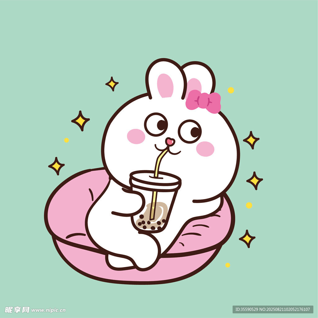 萌兔惬意喝奶茶