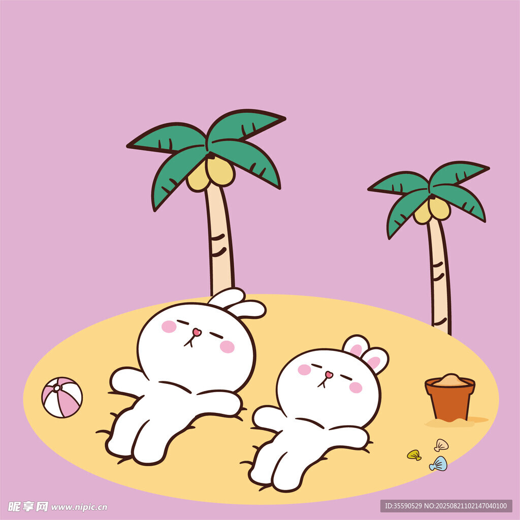 沙滩上的可爱兔子与棕榈树