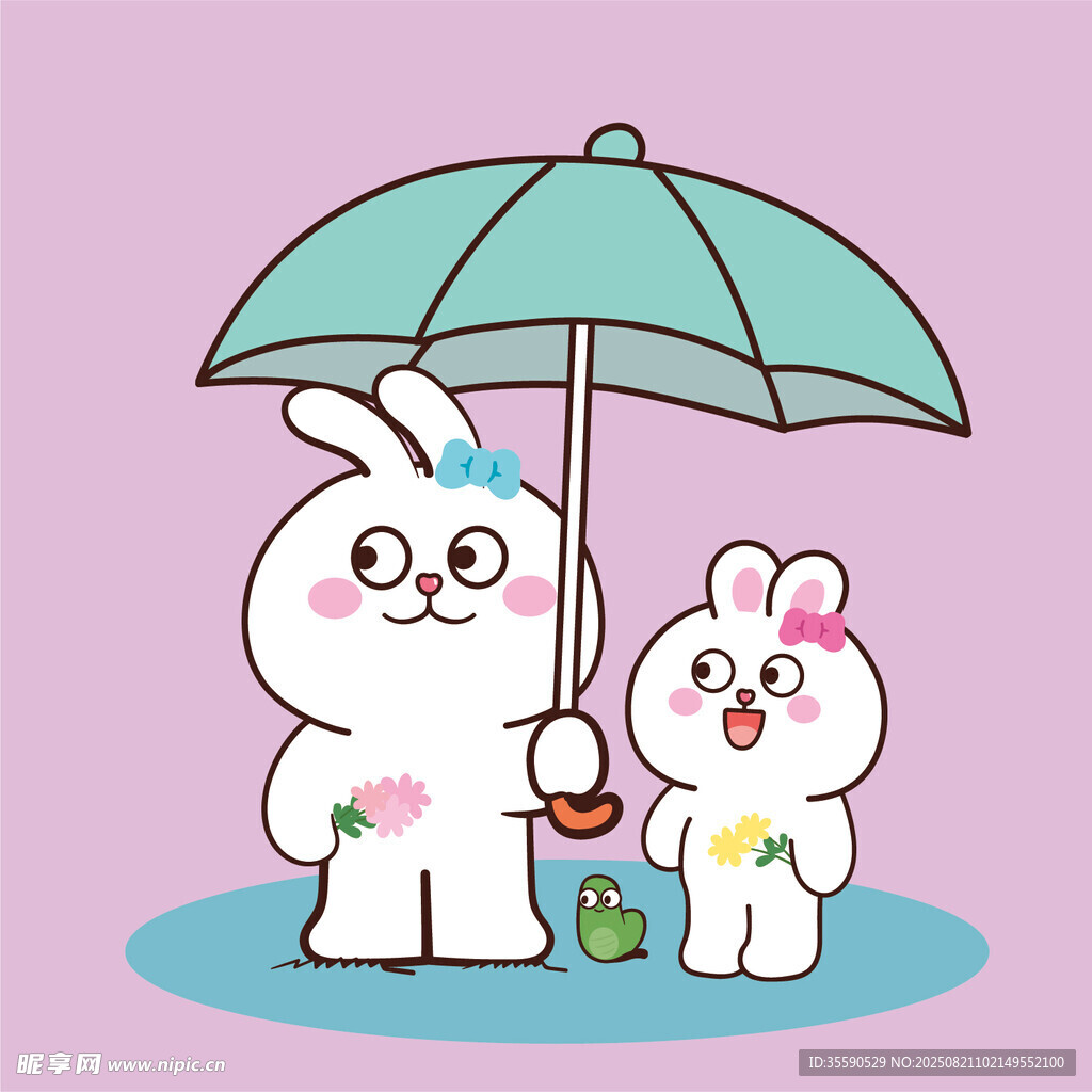 雨中白兔母子撑伞温馨画面