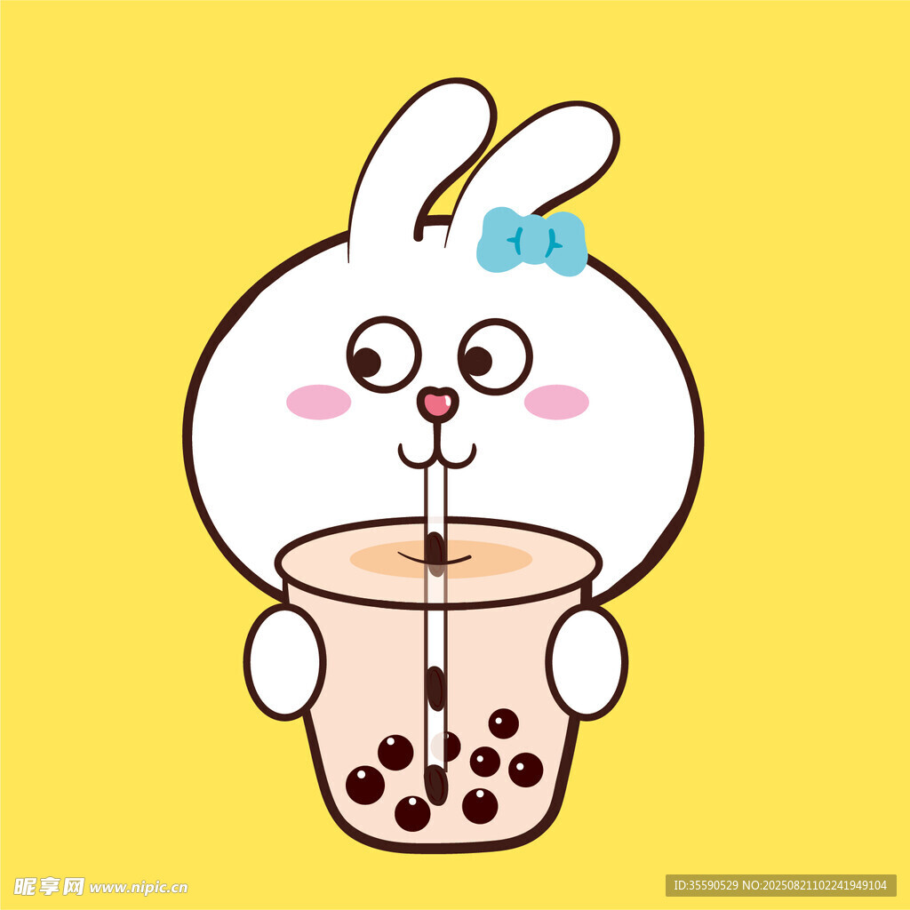 可爱兔子畅饮珍珠奶茶