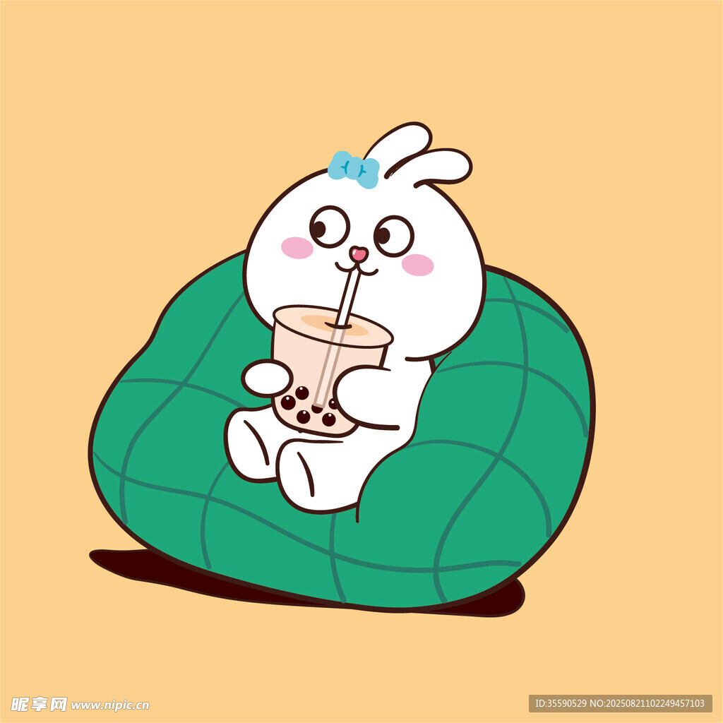 白兔惬意坐沙发享奶茶