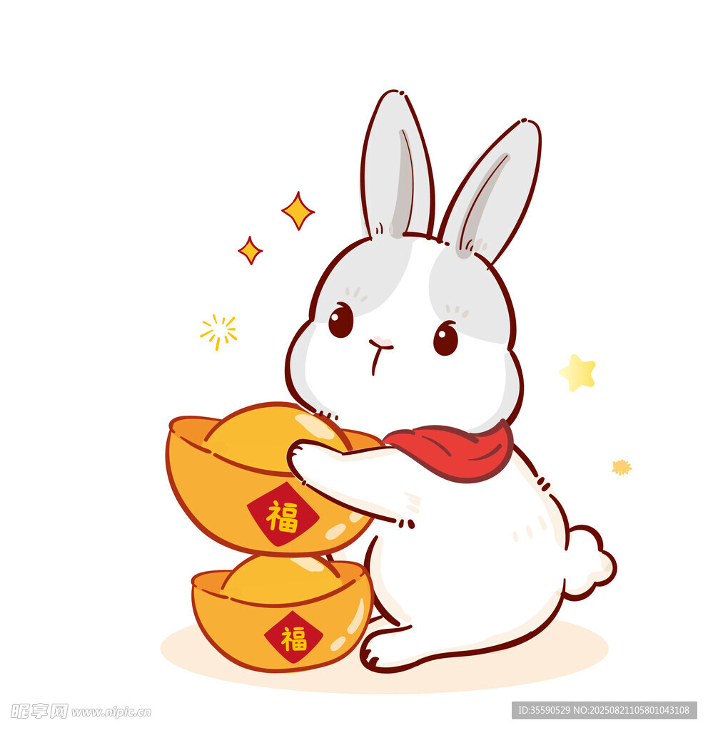 白兔抱金元宝贺财