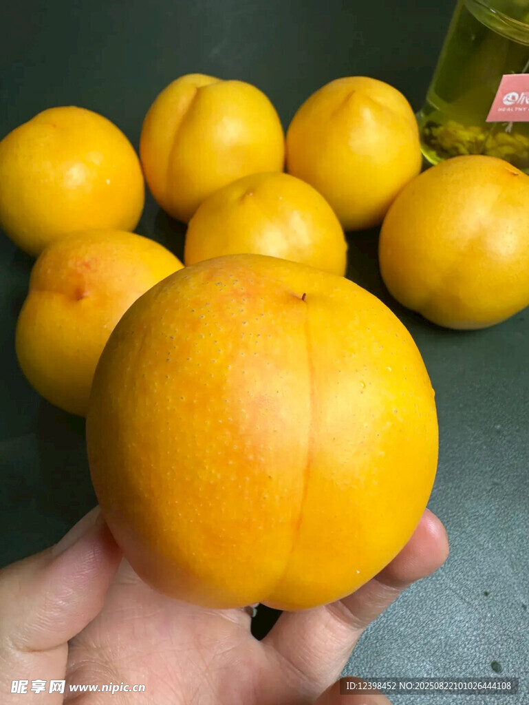 手捧金黄饱满的新鲜桃子