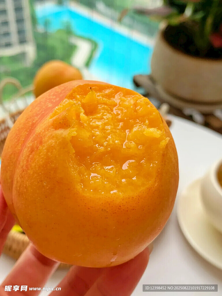 手捧多汁黄桃特写