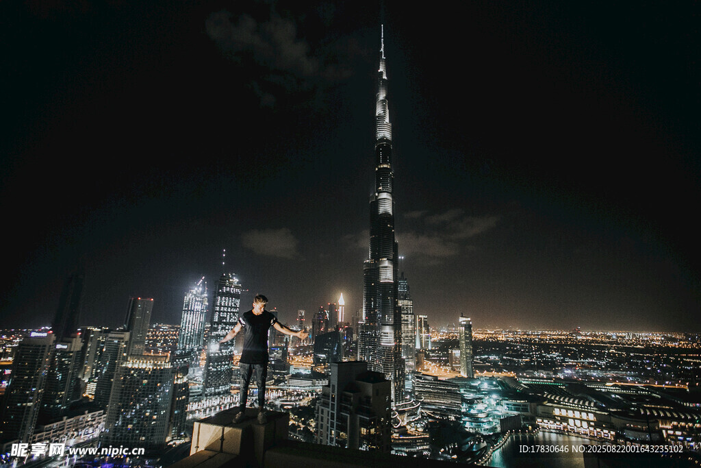 迪拜夜景下的高楼与观景者