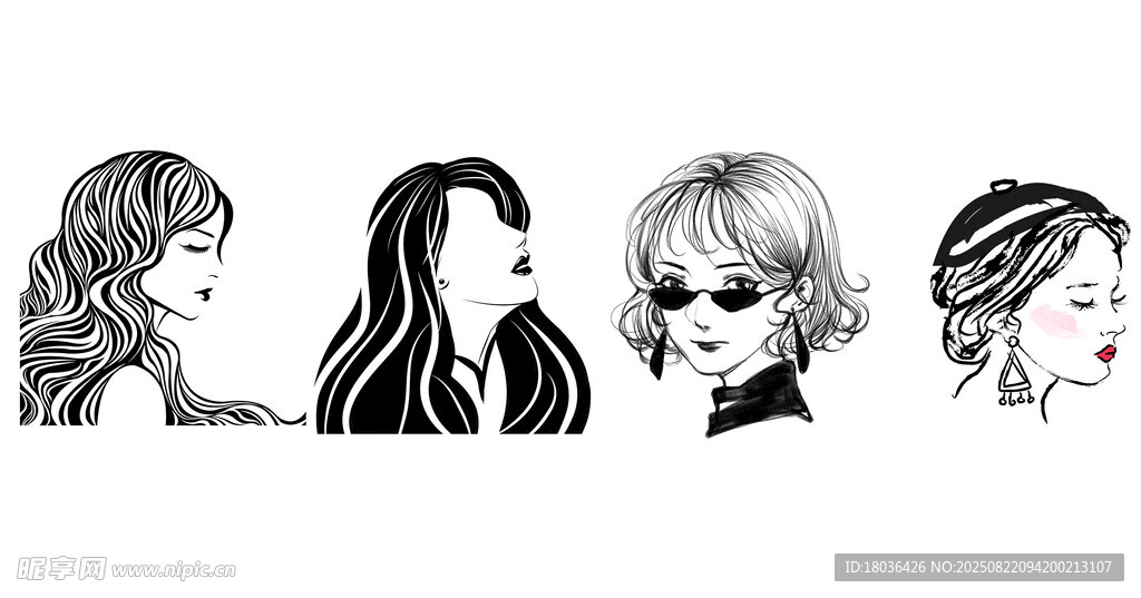 多样女性侧脸黑白剪影png