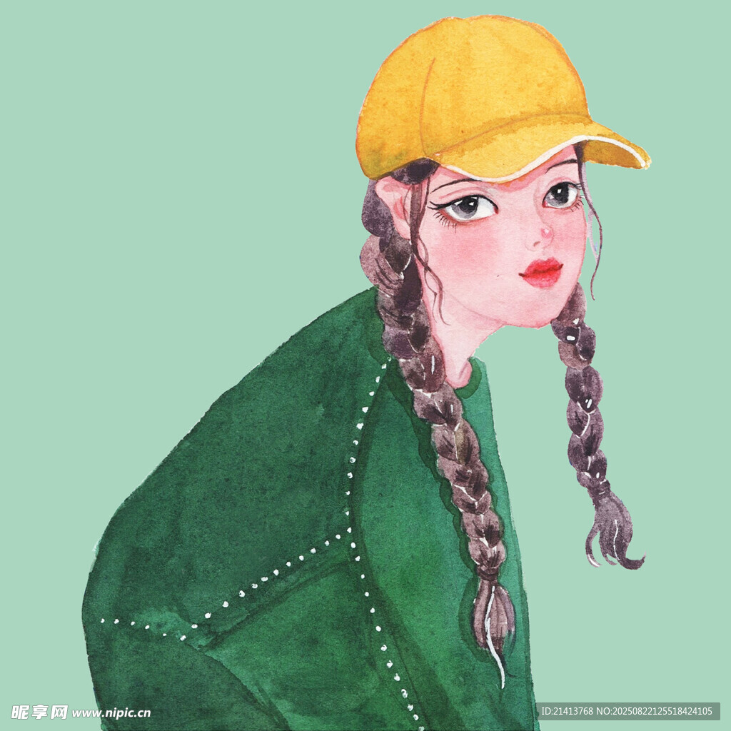 戴黄帽编辫的绿衣女孩
