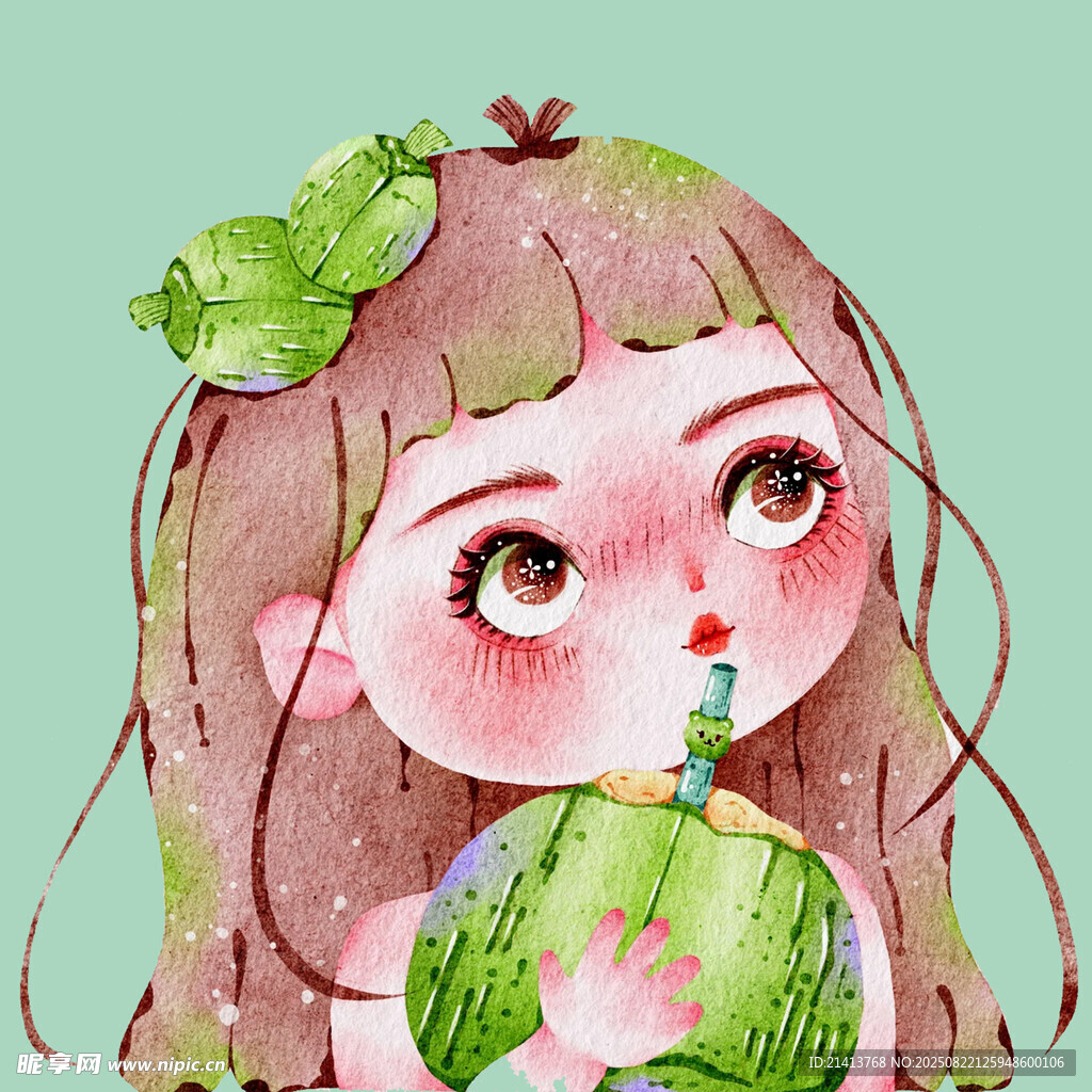 喝青椰的可爱卡通女孩