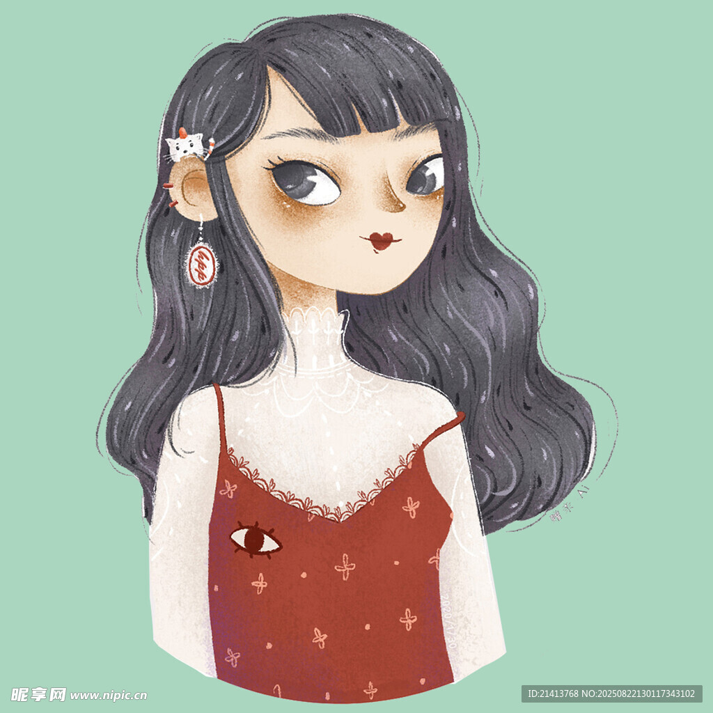 可爱长发红衣女孩插画