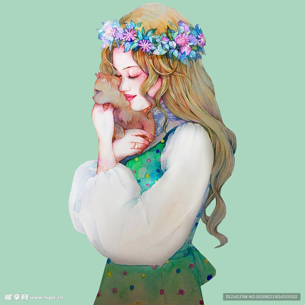 花环少女与猫咪的温馨时刻