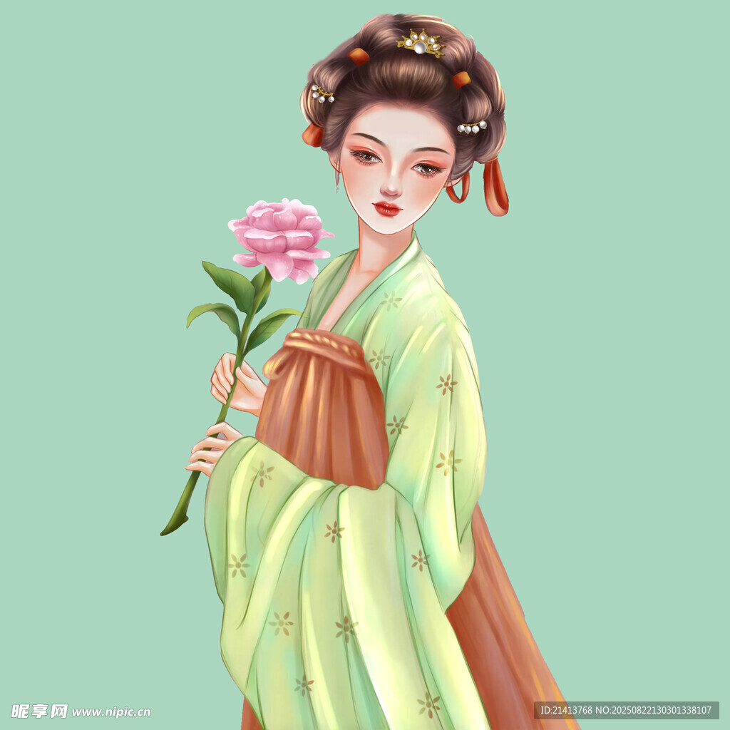 古风女子手持娇艳花朵