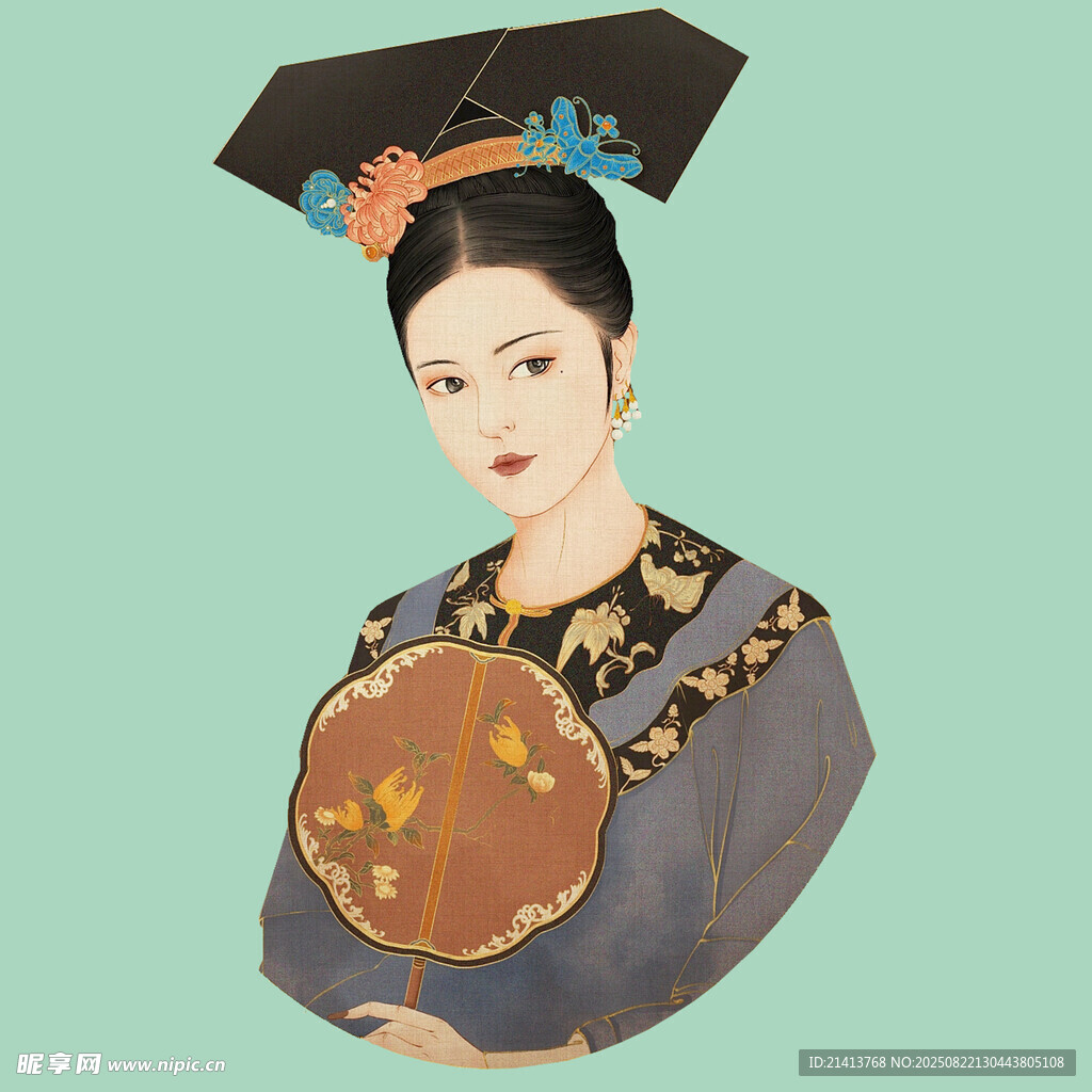 清朝旗装女子手持团扇
