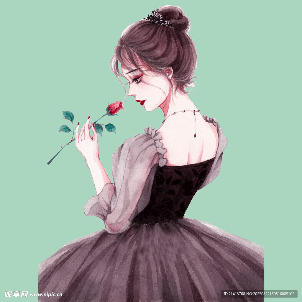 优雅持花的梦幻纱裙少女