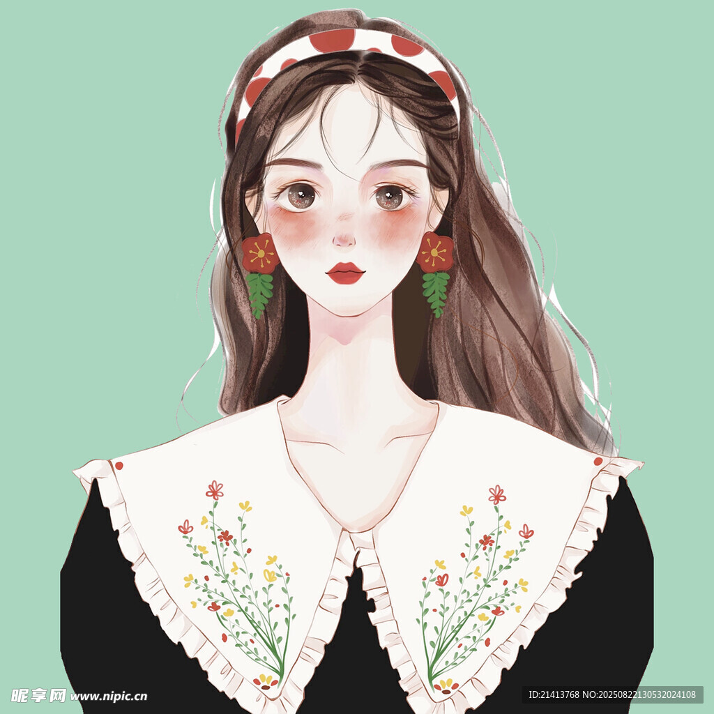 复古刺绣领女孩插画
