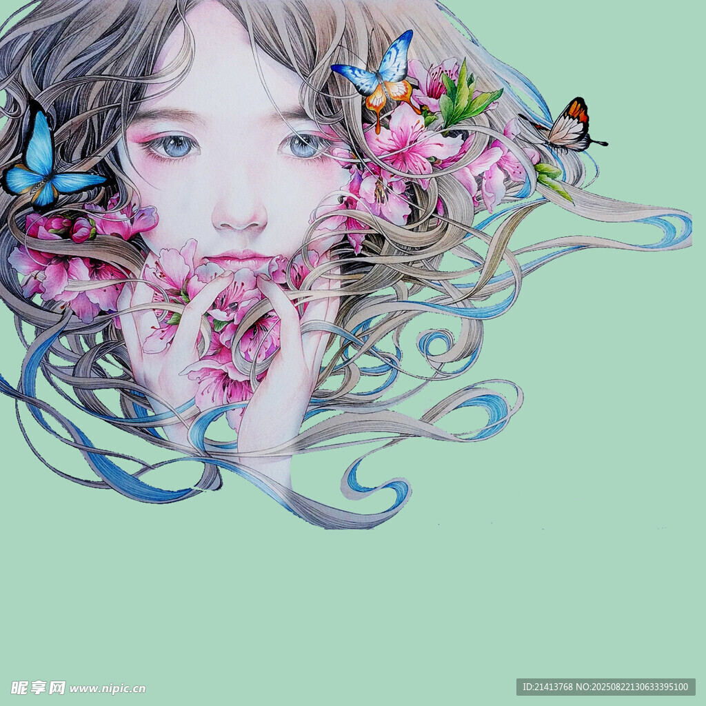梦幻少女与缤纷花朵蝴蝶