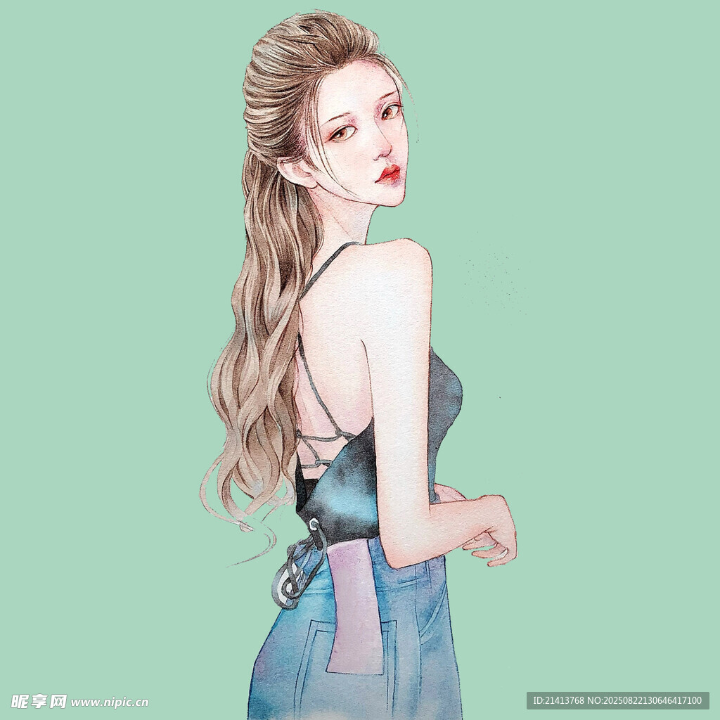 时尚吊带裙长发美女背影