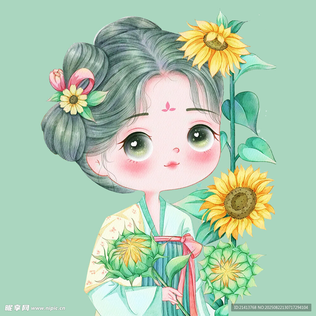 古风少女与向日葵插画