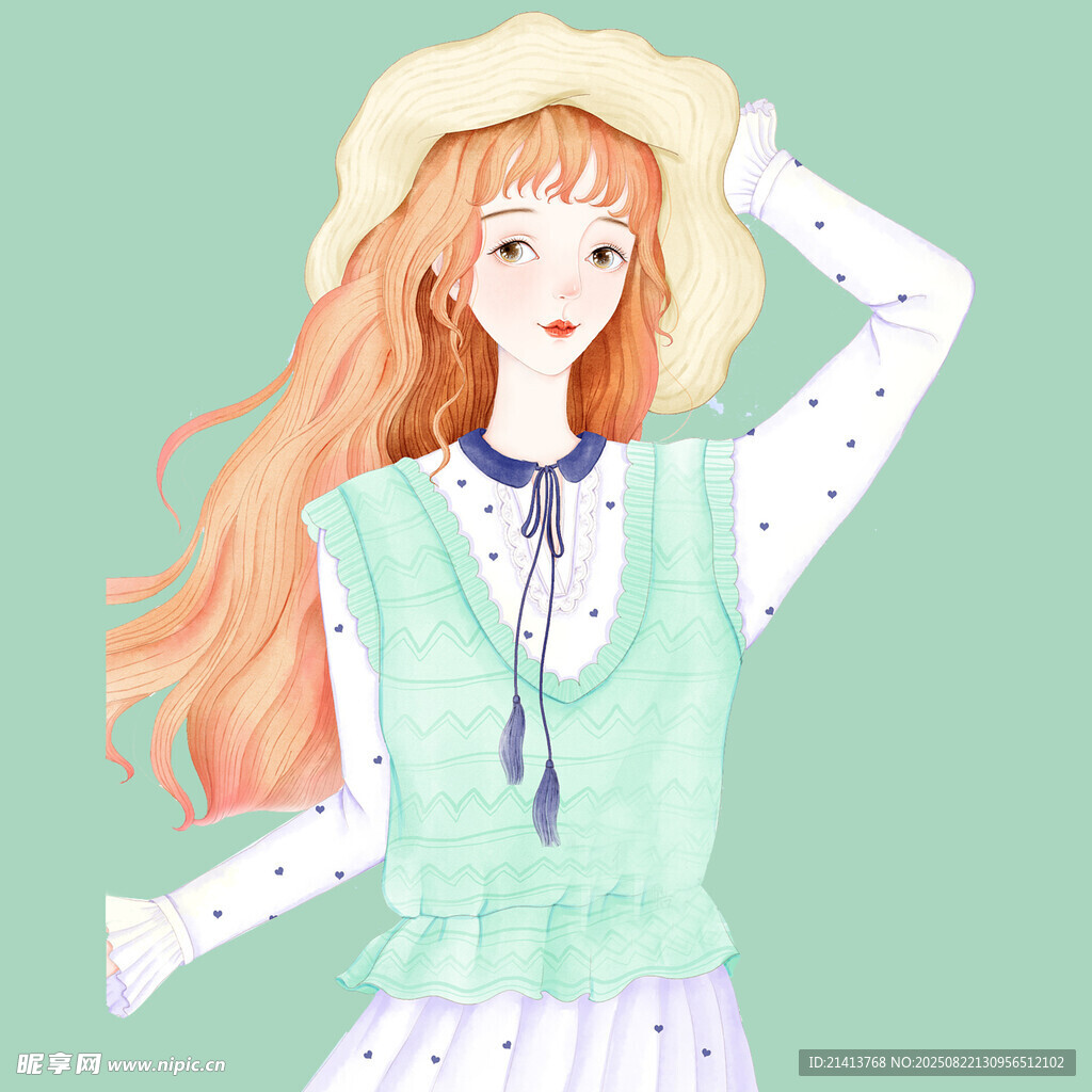 戴草帽的清新长发少女