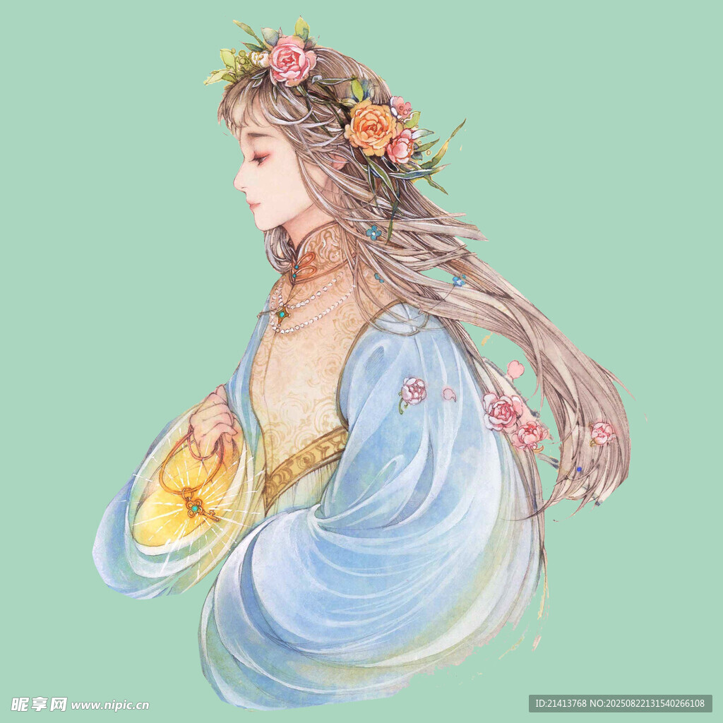 古风花饰女子优雅侧影
