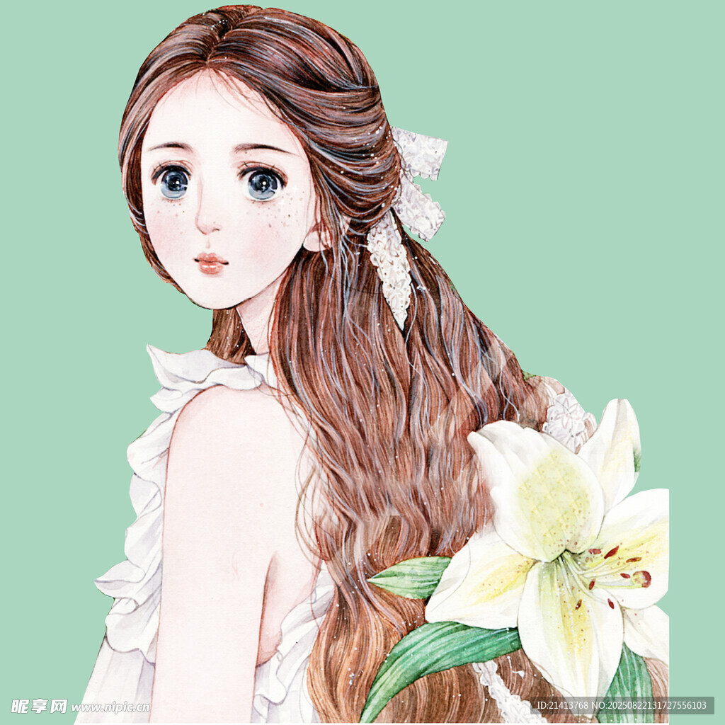 长发少女与百合花插画