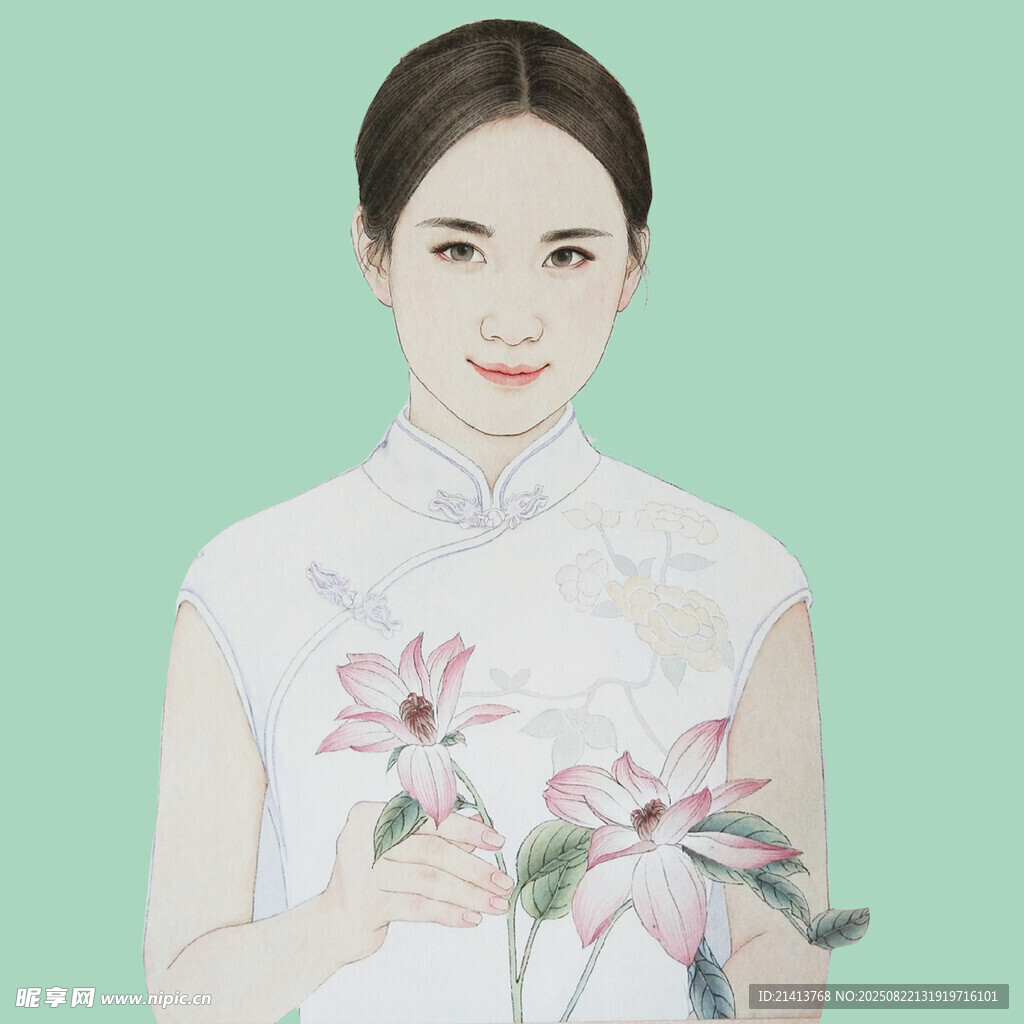 手持花卉的旗袍女子