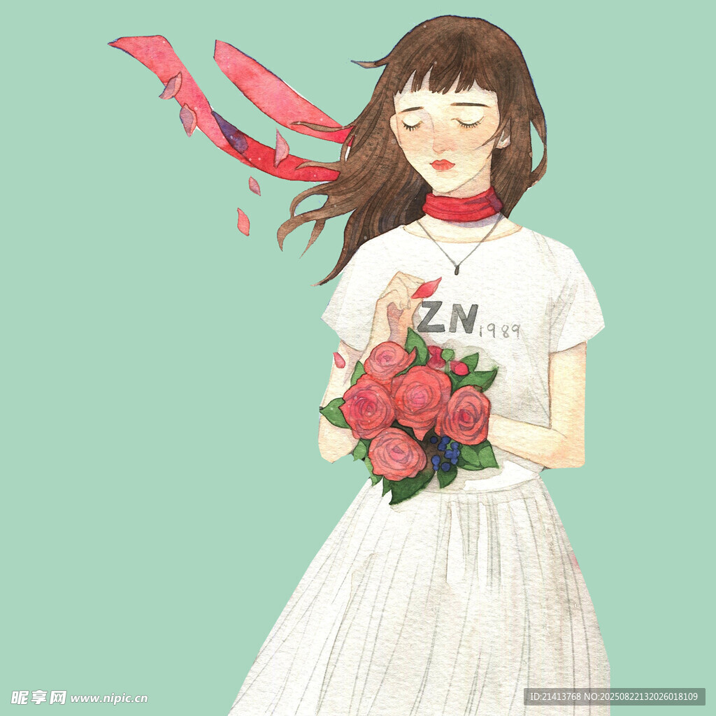 手持花束的飘逸白衣女孩