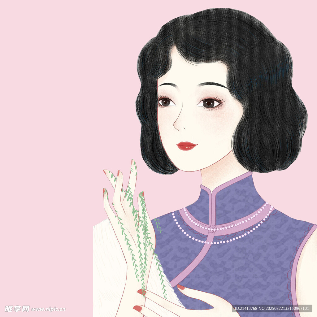 手持花束的复古旗袍女子