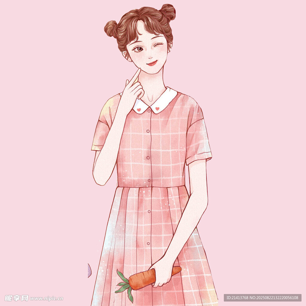 甜美格子裙少女手持花束