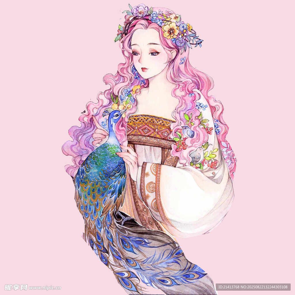 梦幻花饰少女与孔雀服饰