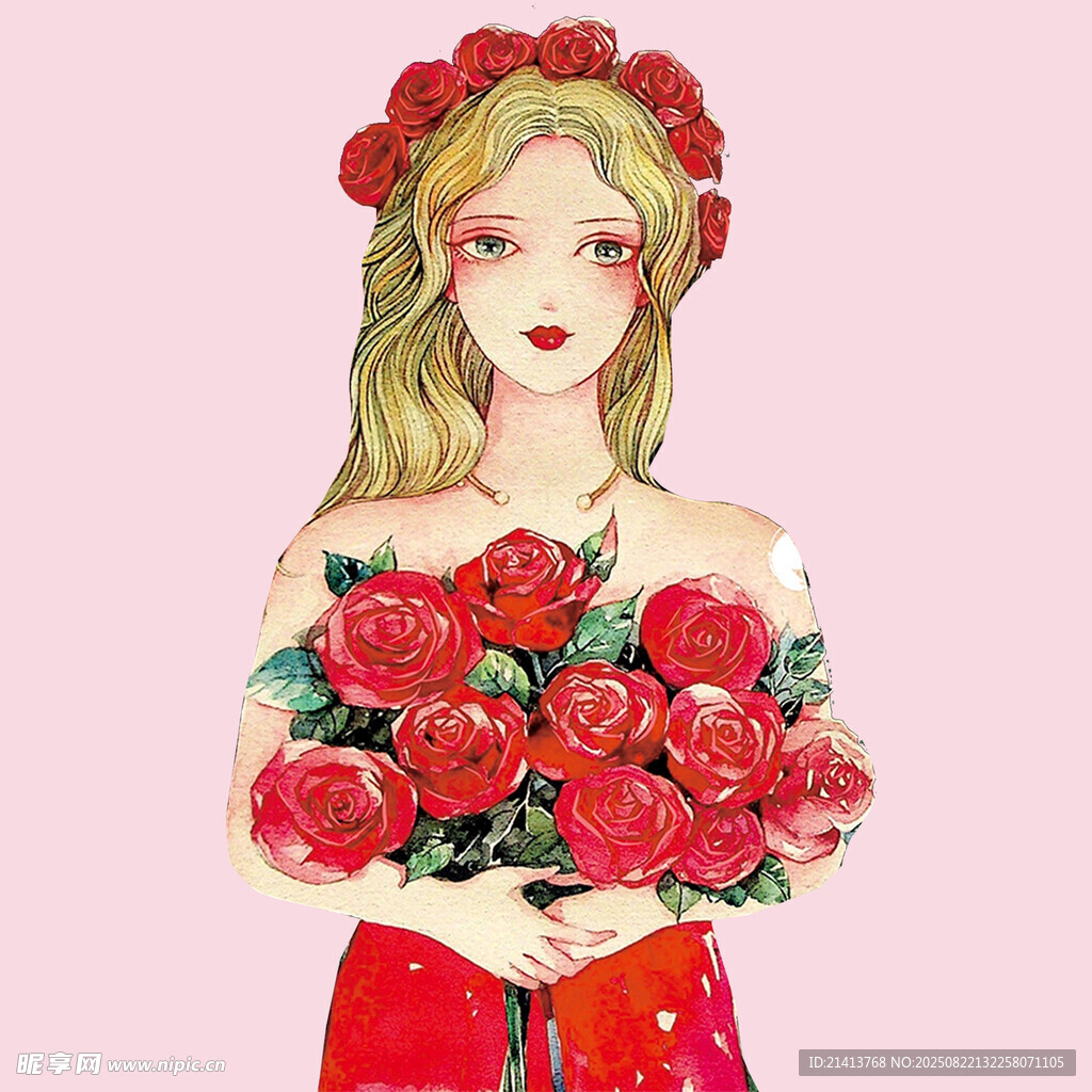 手持玫瑰的花环少女