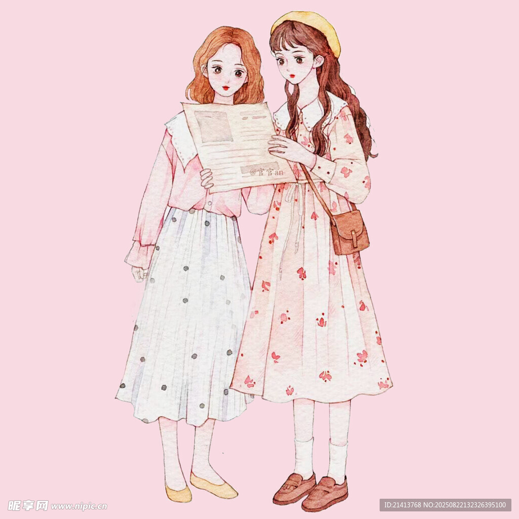复古风双女孩时尚插画