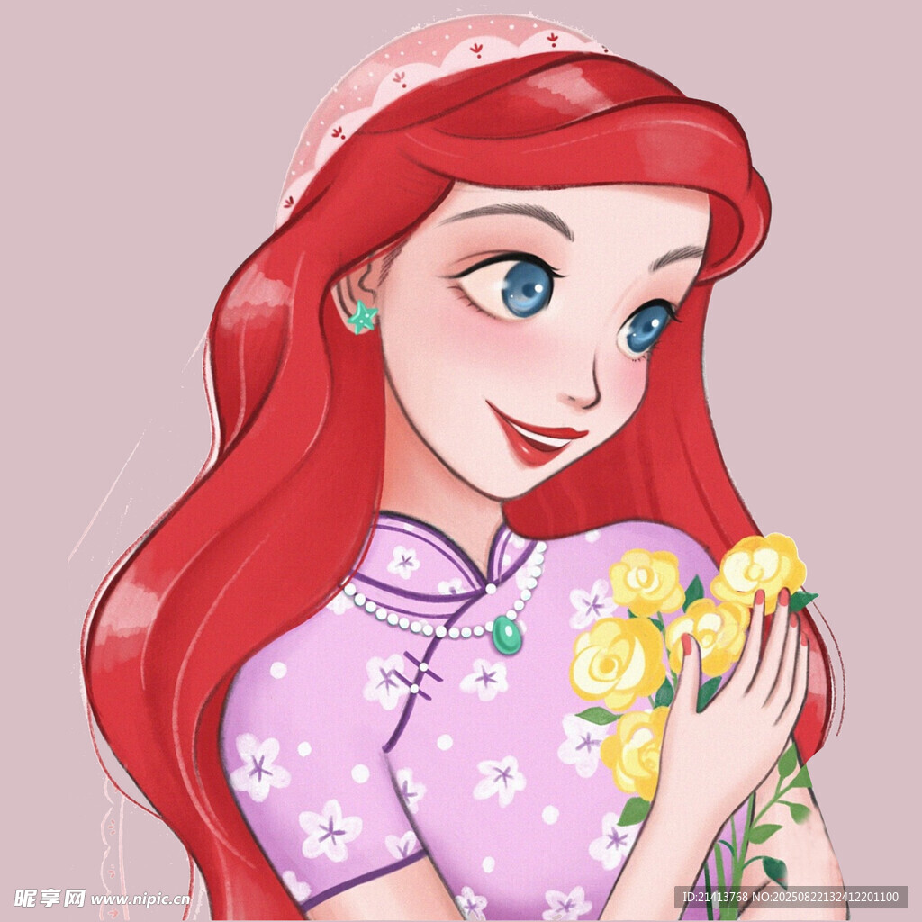 红发公主手持鲜花微笑
