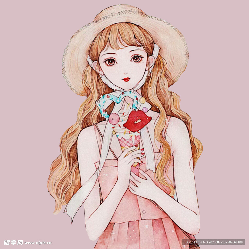 戴草帽捧草莓的甜美女孩