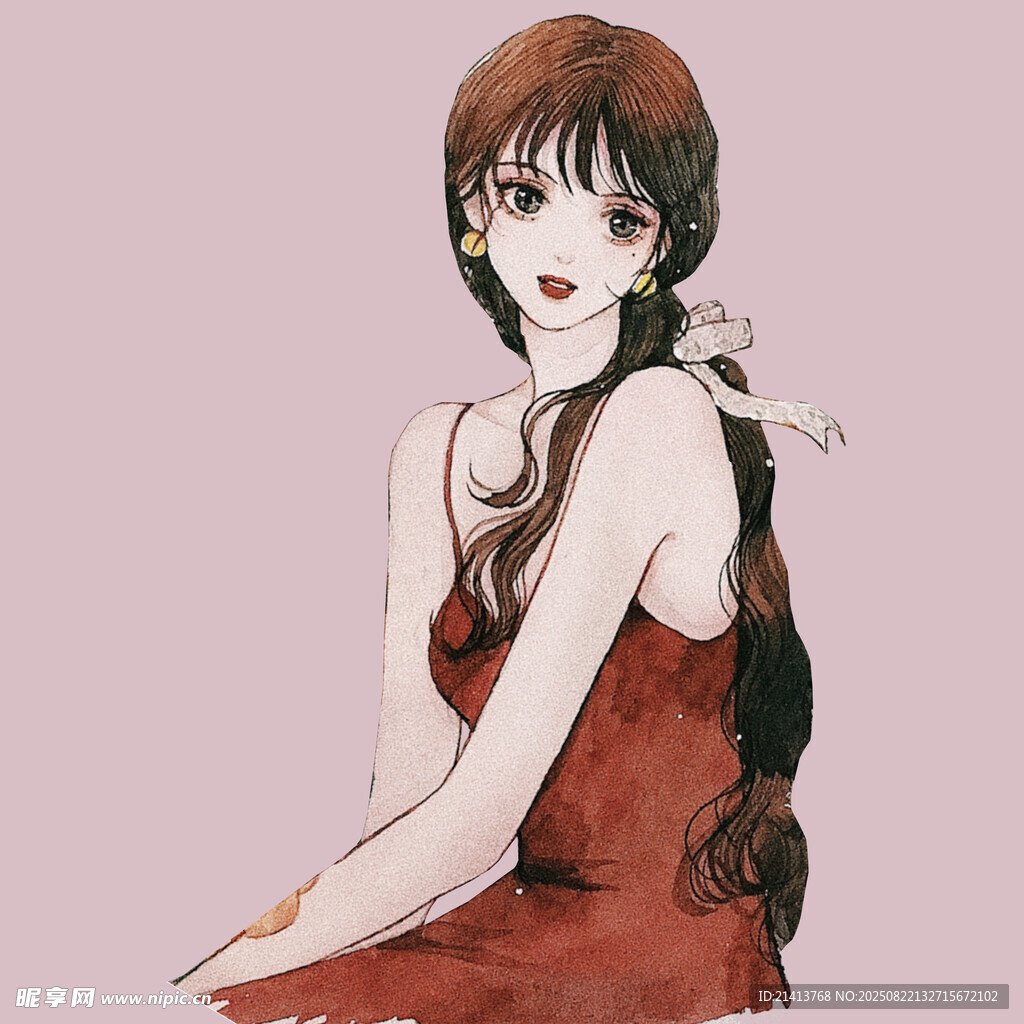 红发长裙少女的优雅姿态