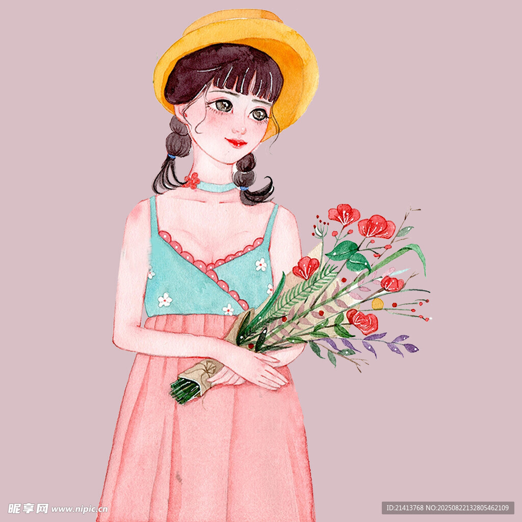 手持花束的甜美少女
