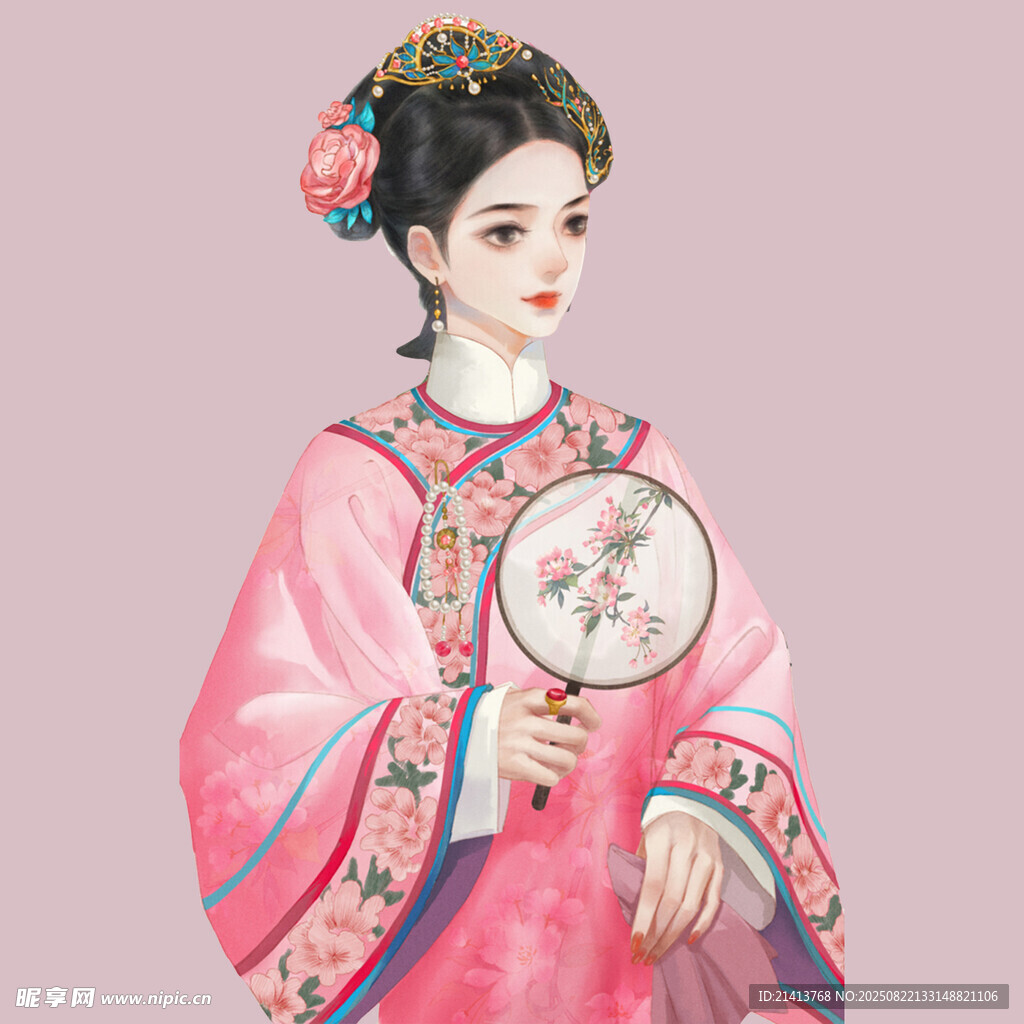 古典佳人手持团扇展风华