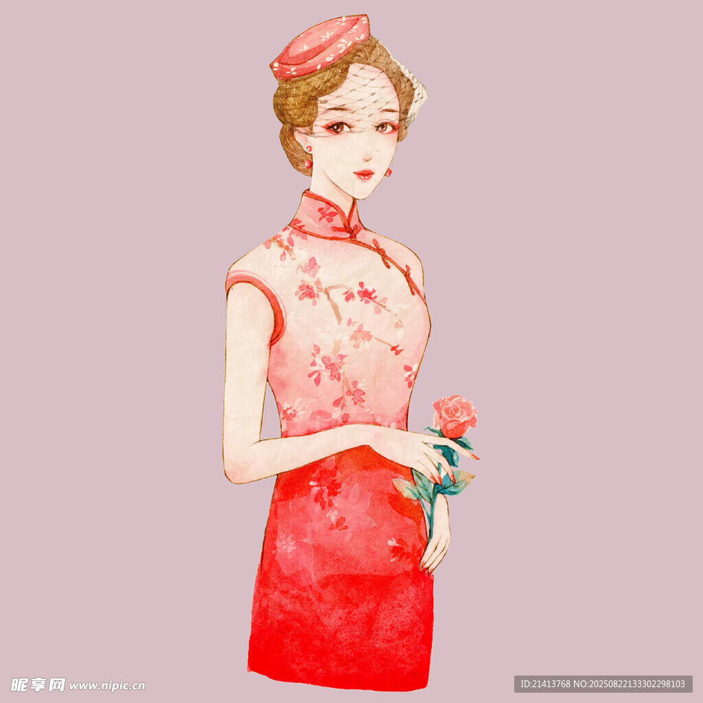手持花束的复古旗袍女子