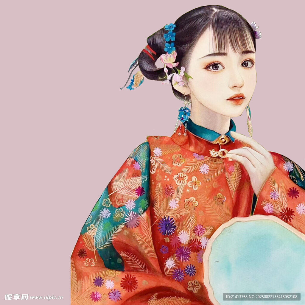古风旗袍少女持扇图