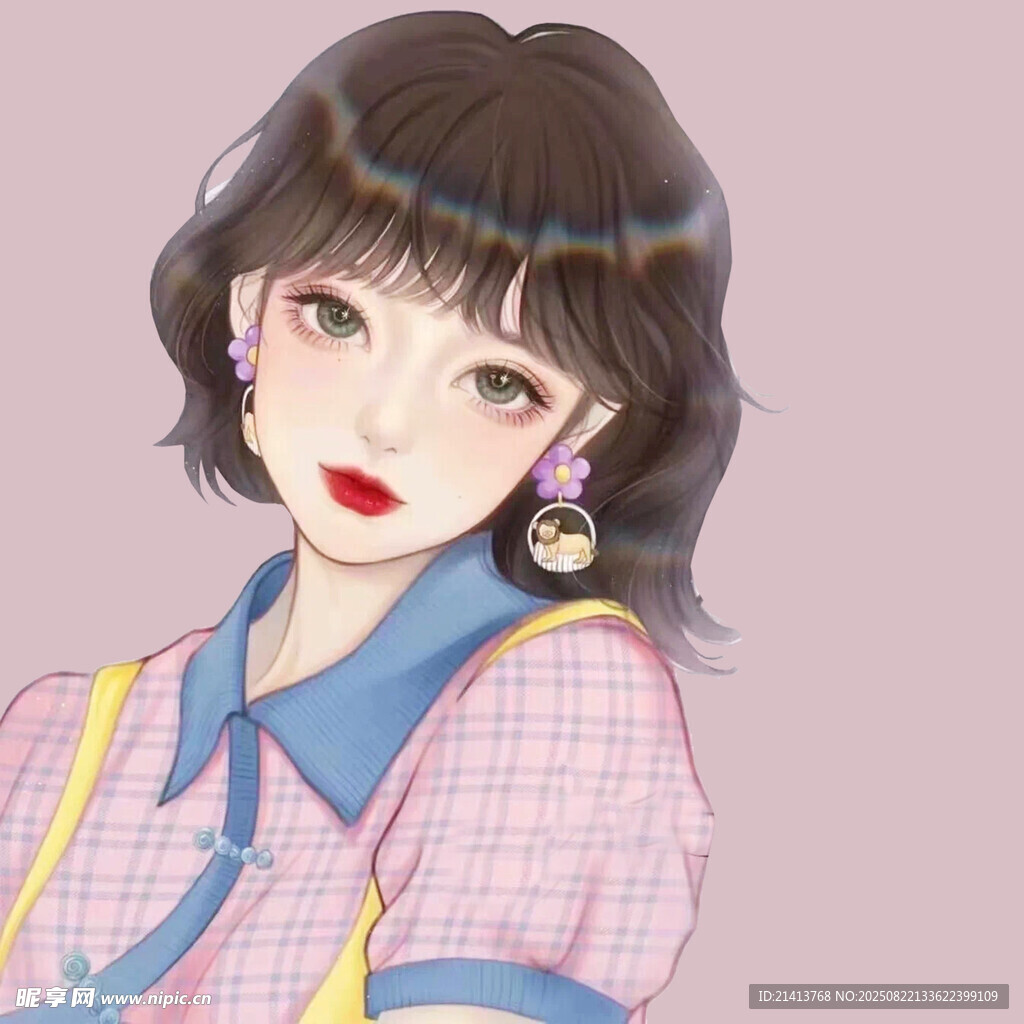 甜美格子装少女插画
